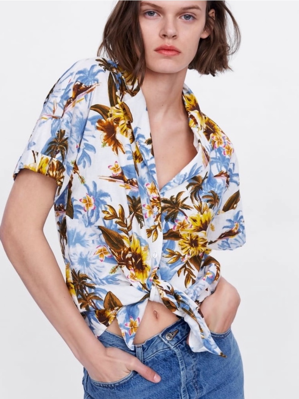 Zara White Floral Short-Sleeve Tie-Front Shirt with Blue and Yellow Print